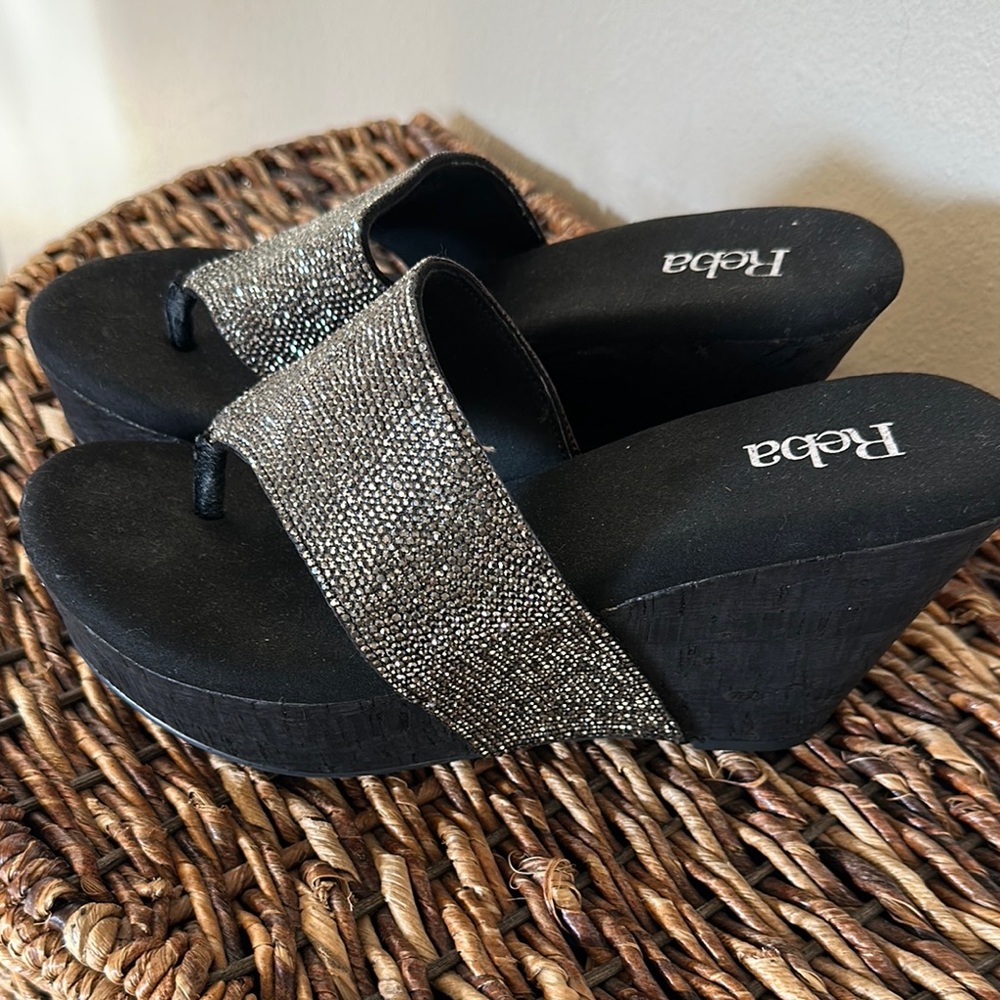Reba Black and Silver Wedge Shoes with Sparkly Strap